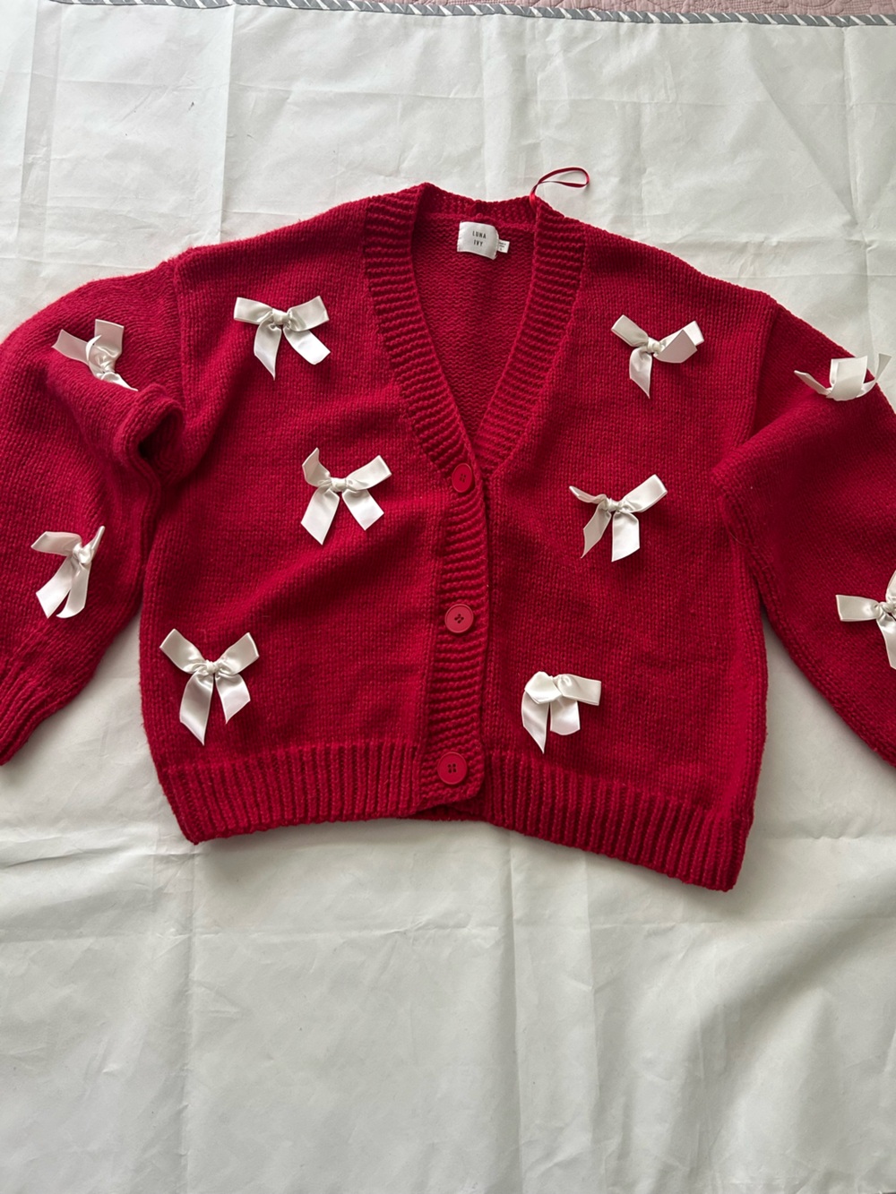 Luna Ivy women’s Red Knit Cardigan with Satin Bows.Size large
